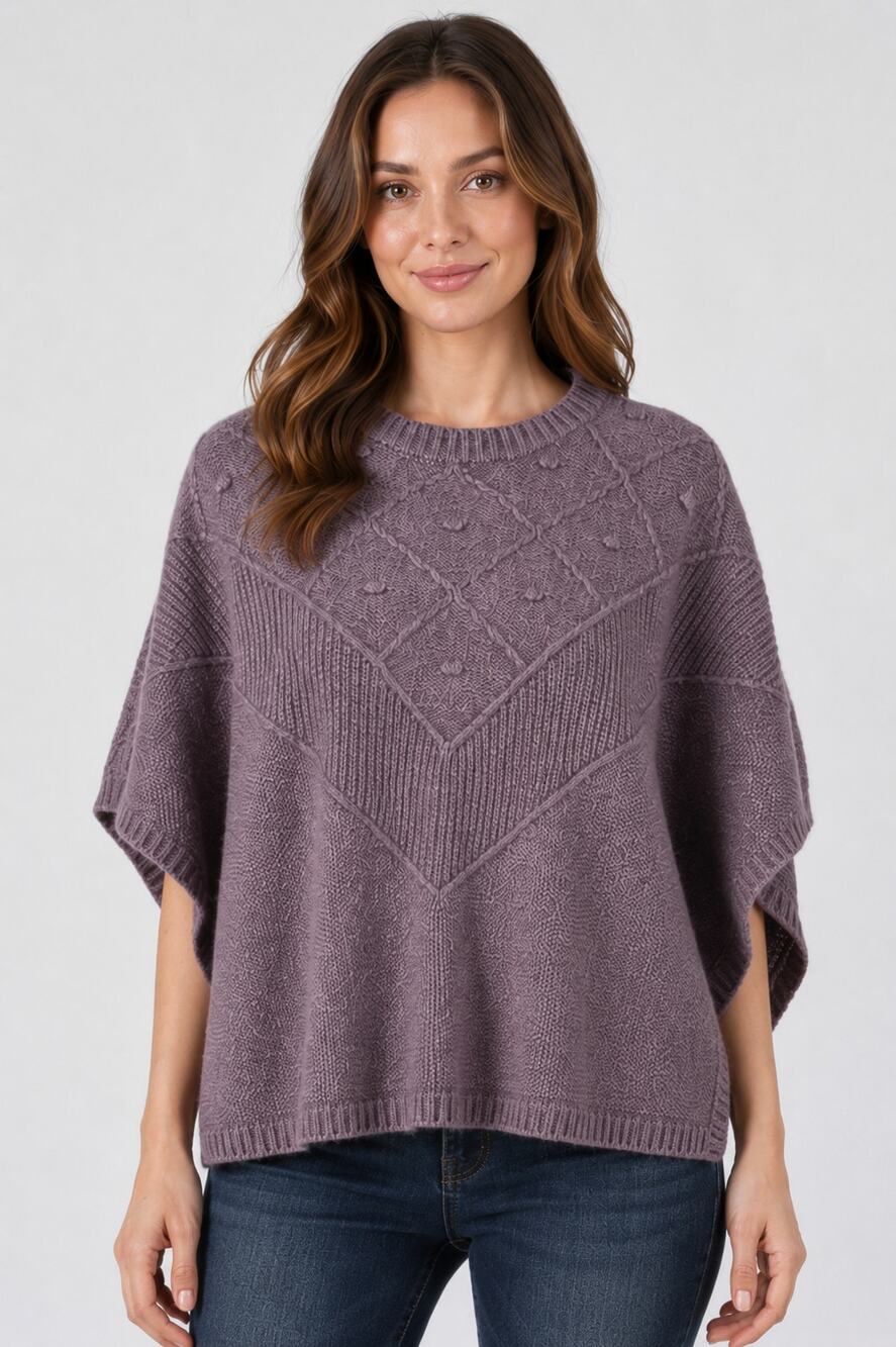 Loft Knit Bobble Poncho Sweater Womens Medium Large Purple Wool Cape